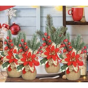 4 Pc Christmas Poinsettias Artificial Floral Red Table Top New